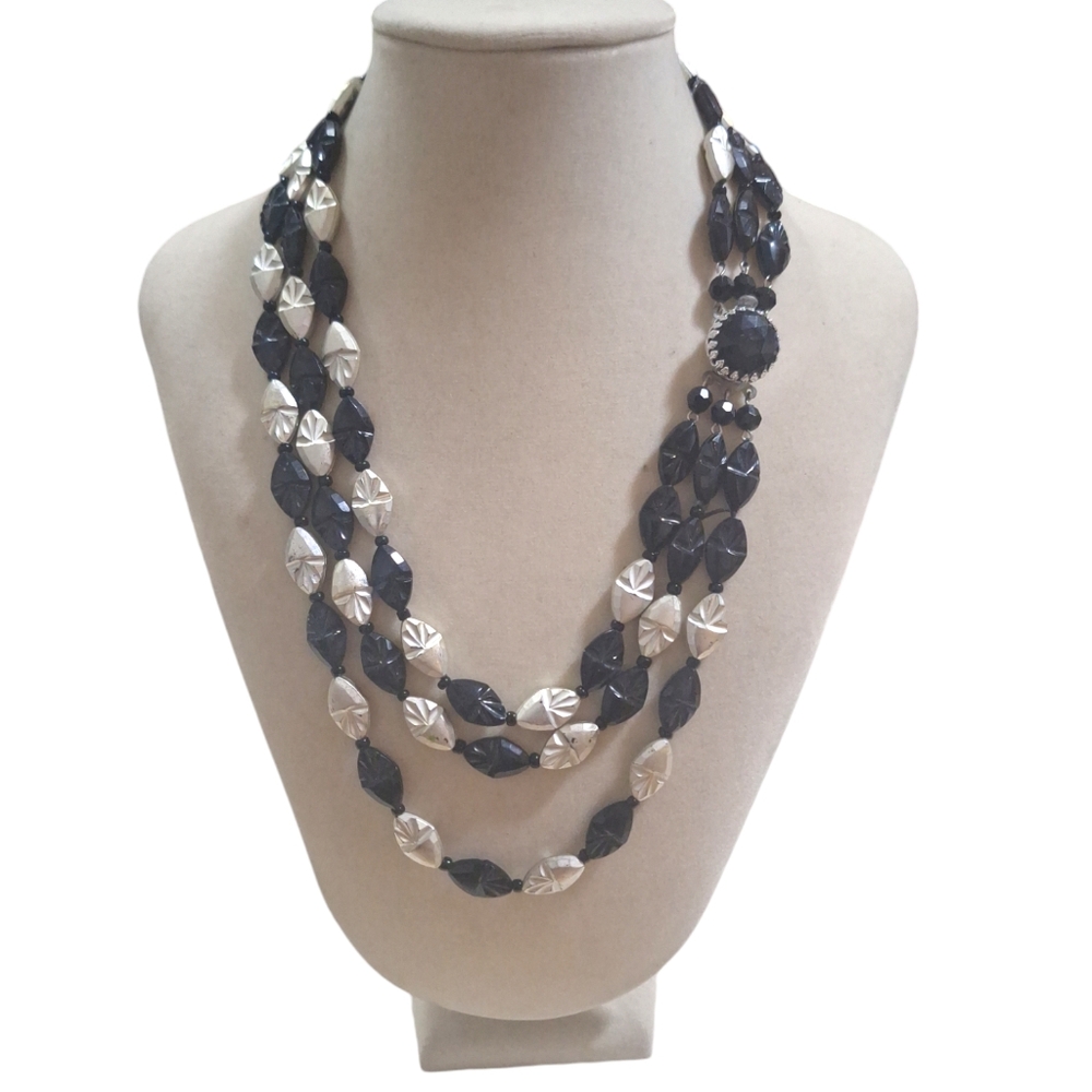 Vintage West Germany Black & Silver Acrylic Triple Strand Beaded Necklace 18"